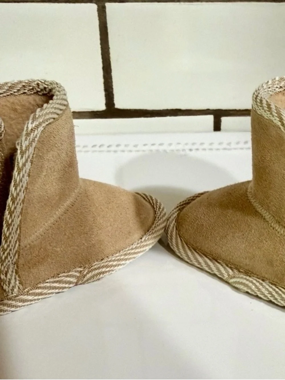 BearPaw Kids Genuine Suede Nesti Boots in Tan with Chevron Trim. 0-6 mo.